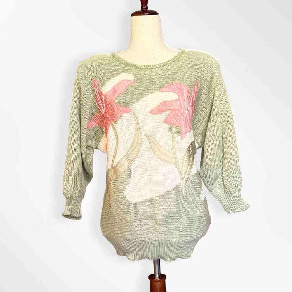 Adolfo Collectible, Vintage Pink Tiger Lily Sage Green Knit Spring Sweater, S - Picture 2 of 7